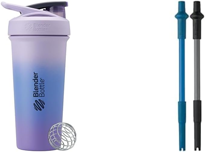 BlenderBottle Strada Sleek 25-Ounce Insulated Stainless Steel Water Bottle and Stay-In-Bottle Reusable Silicone Straws for Shaker Bottles (2 Pack)