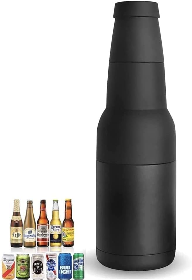 3 in 1 Beer Bottle and Can Cooler, Vacuum Insulated Double Walled Stainless Steel Cooler with Beer Opener, 12 oz Slim Can Insulator Holder (Black)