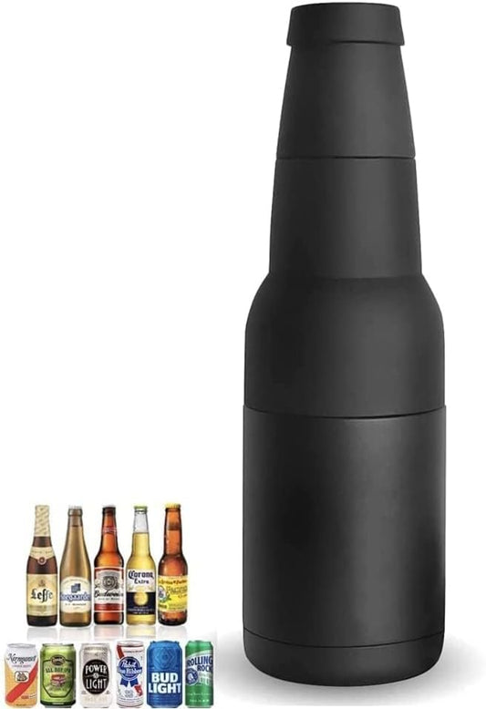 3 in 1 Beer Bottle and Can Cooler, Vacuum Insulated Double Walled Stainless Steel Cooler with Beer Opener, 12 oz Slim Can Insulator Holder (Black)