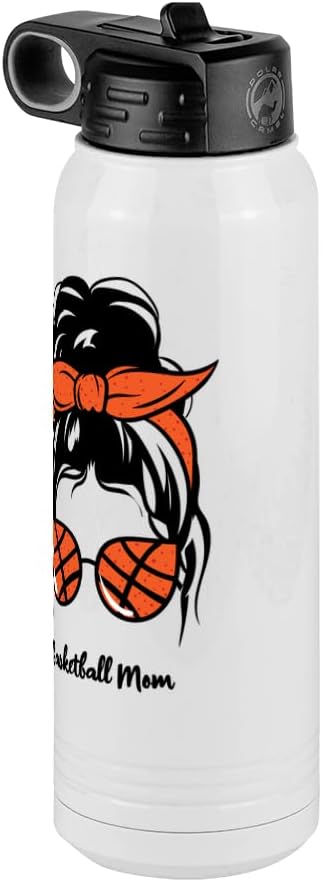 Basketball Mom Water Bottle, Messy Bun, White 30 oz Polar Camel with Straw Lid, Stainless Steel, Vacuum Insulated