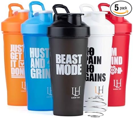 Best Shaker Bottle Perfect for Protein Shakes and Pre Workout - Protein Shaker Bottle with Wire Whisk Ball- Leak-Proof, BPA-Free, Durable Mixer Cup for Smooth Protein Mixes- [5 Pack]