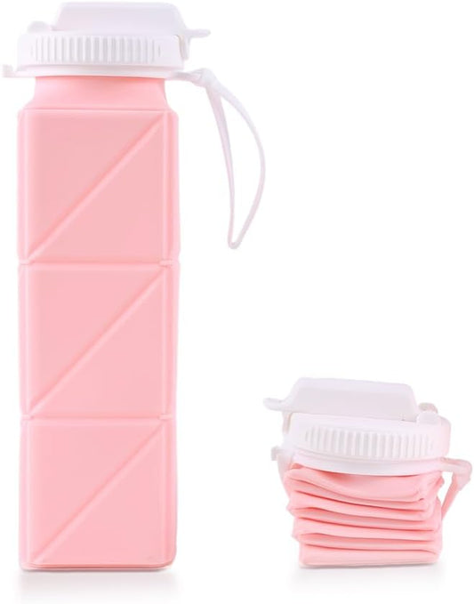 620ml Silicone Foldable Water Bottle with Straw Lid - Lightweight, Reusable, & Leakproof for Travel, Camping, Hiking, & Sports (PINK)