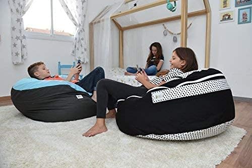 2 Sizes in 1 Stuffed Animal Storage Bean Bag Chair Cover for Kids & Adults | Washable XL Stuffie Seat | 100% Cotton | Pouf Organizer for Plush Toys, Linens, Quilts & Pillows | Black & White