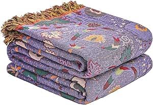 Boho Throw Blanket for Bed,100% Ultra Cotton Soft Breathable Bed Throw Floral Printed Farmhouse Decor Rustic Bed Throws for Couch Sofa Quilt Purple Flowers 60" x 80"