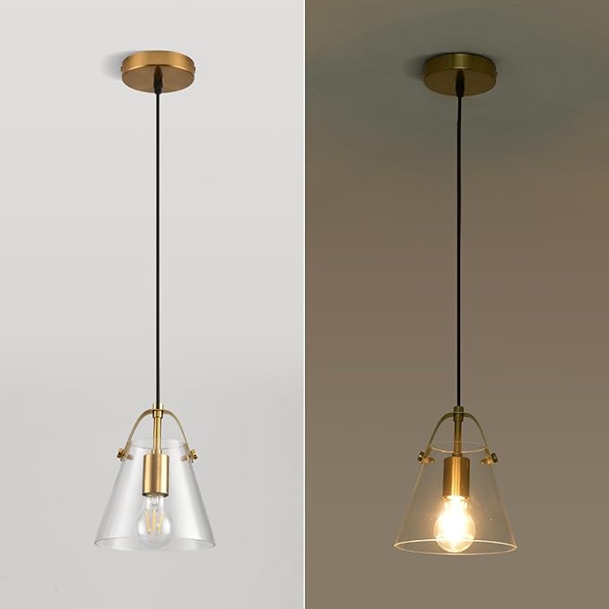 Brass Pendant Lights Kitchen Island,Modern Design Clean Clear Farmhouse Glass Pendant Light,Light Fixture Kitchen Pendant Medium Hanging Light Fixture for Sink A60 Bulb Recommened