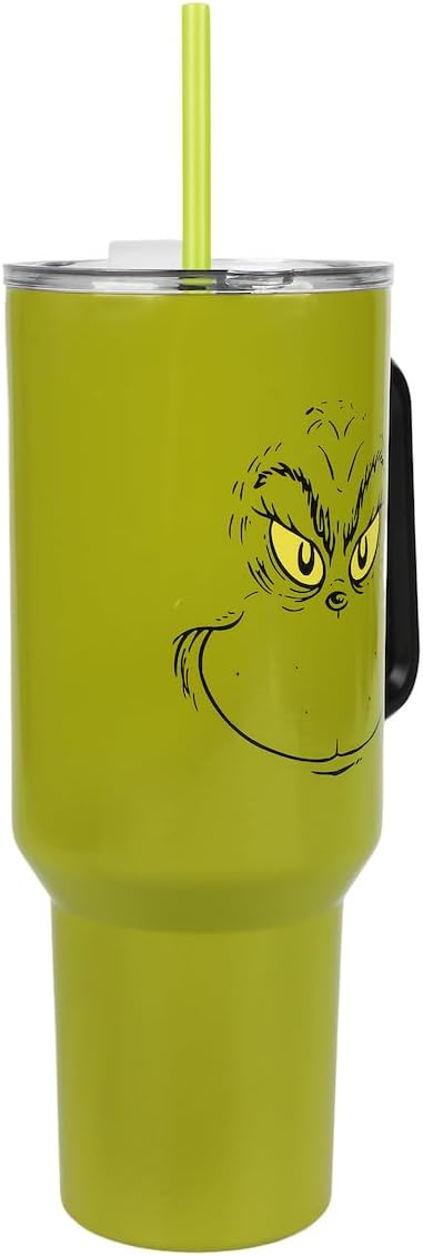 Bioworld Grinch Grinning Face 40 Oz Green Stainless Steel Tumbler With Handle