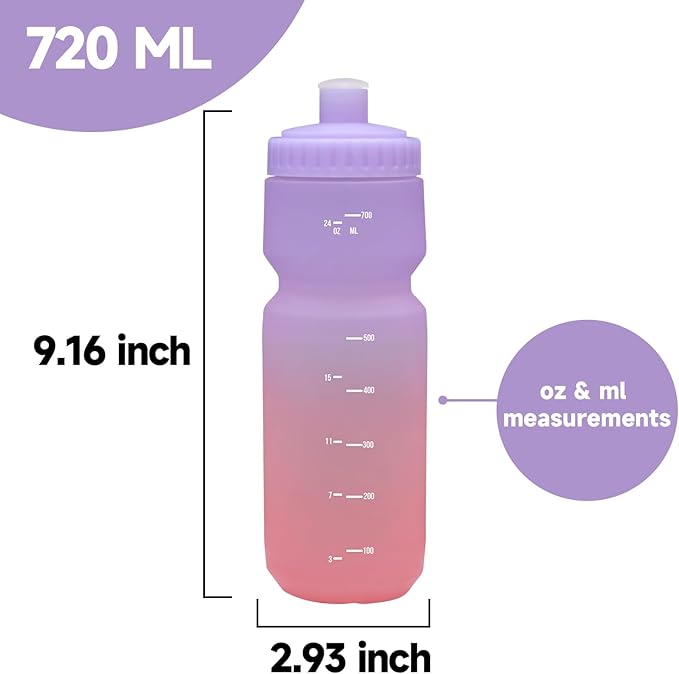 Bike Squeeze Water Bottle w/Pull Top Lid, Leakproof, BPA Free, Easy Squeeze Reusable Water Bottles for Fitness, Cycling, Running, Hiking, School, Fresh Color 24 Oz (1 Pack)