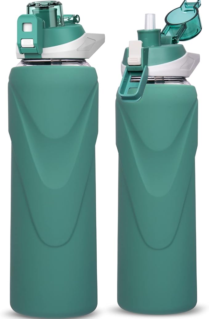 32 oz Sports Glass Water Bottle with Straw & Silicone Sleeve Reusable BPA-free Borosilicate Glass Drinking Bottle with Flip Top Lid & Handle Wide Mouth (Deep Green)