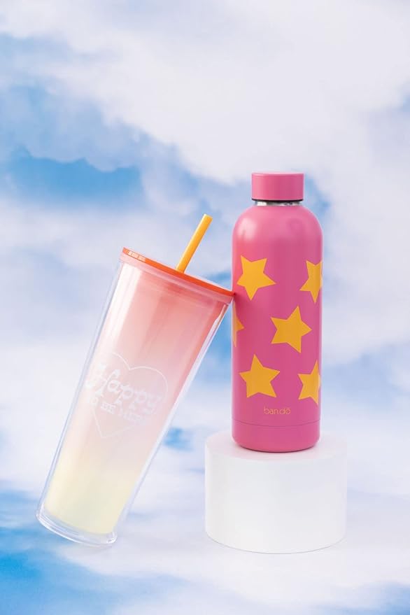 ban.do Stainless Steel Water Bottle with Neoprene Bottle Holder, 25 oz Pink Metal Water Bottle, Water Bottle Bag Crossbody, BPA Free Water Bottle with Adjustable Sling, Stars