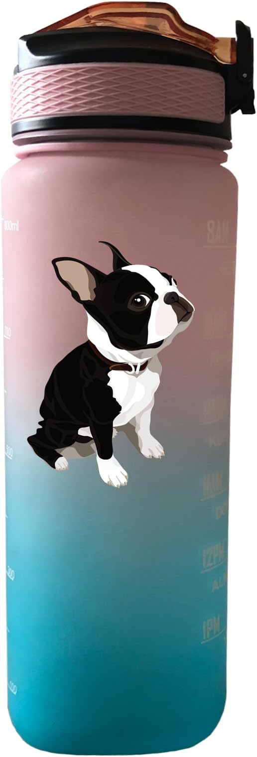 Bulldog Dog 32 oz Water Bottle with Times Marker to Drink and Straw, Carrying Strap, Leakproof Tritan BPA-Free, Ensure You Drink Enough Water for Fitness, Gym, Camping, Outdoor Sports