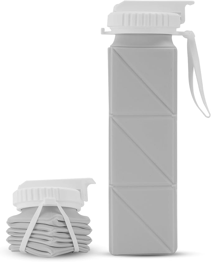 20 oz Water Bottle Collapsible | BPA Free Leakproof Lightweight Foldable Silicon Water Bottles | Twistable Water Cup | for Travel Gym Hiking Outdoor Camping Running Cycling Sports (Gray)