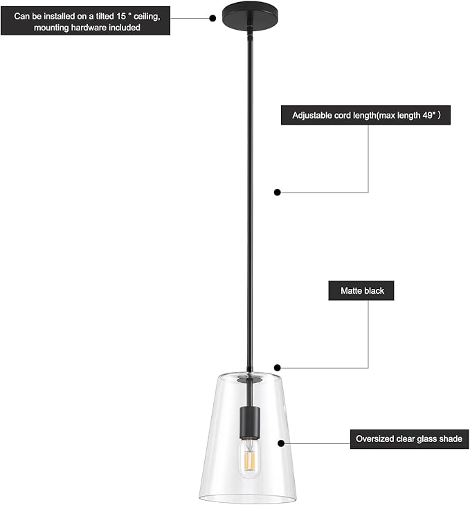 Black Big Pendant Lights Kitchen Island - Clear Glass Pendant Light Fixture Multiple Stems Rods 3 Units 12 Inch 3 Units 4 Inch (2 Pack Black Downrod Pendant with 7.5in W 9.5in H Shade)