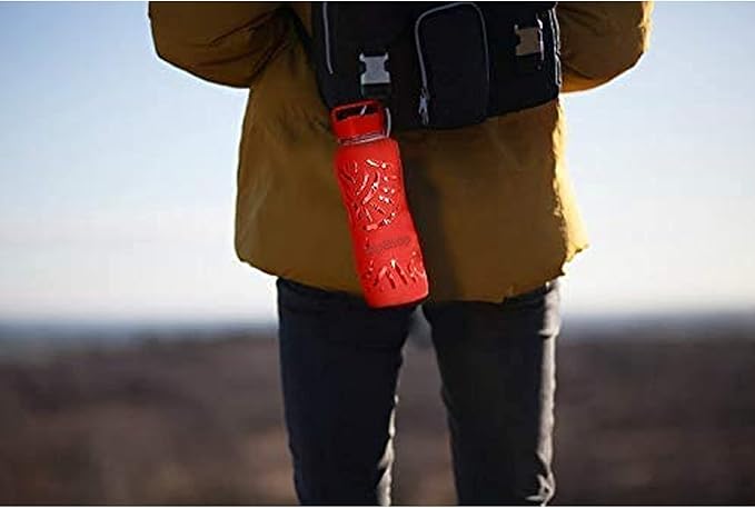 25oz Glass Water Bottles with Silicone Sleeve, 3 Different Lids (BPA Free) for Wide Mouth Glass Drink Bottles for Fitness and Outdoor (Red)