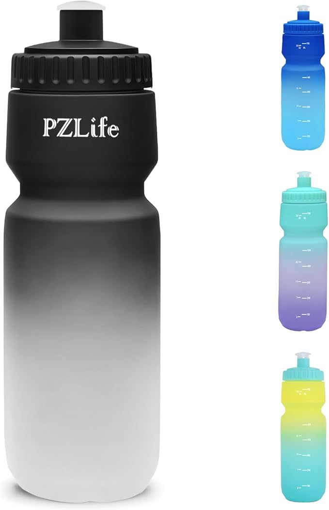 BPA Free Bike Water Bottles, 24 oz Cycling Squeeze Water Bottle - Easy Squeeze, w/Pull Top Lid, Leak Proof Sport Water Bottle with Capacity Scale, for Cycling, Gym