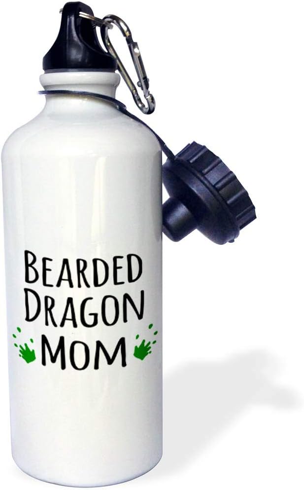 3dRose Bearded Dragon Mom-for female lizard and reptile enthusiasts and girl pet owners Green footprints-Sports Water Bottle, 21 oz, White
