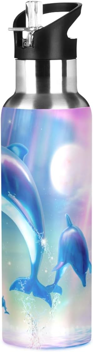 22 OZ Lovely Dolphins Water Bottle with Straw - BPA Free Leakproof Stainless Steel Water Bottle for Women Men Water Jug for Fitness Gym Outdoor Sport