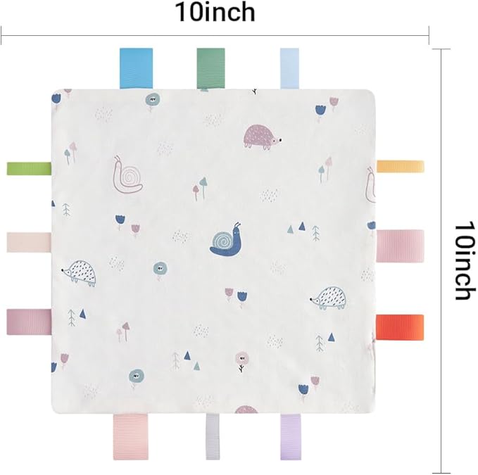 Baby Tags Security Blanket, Sensory Soothing Blanket with Tags,Dotted Backing Taggies Blanket for 3-12 Months Boys and Girls. (Hedgehog and Snail)