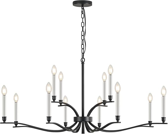 Black Living Room Chandelier 12 Light Hight Ceiling Foyer Candle Chandelier Large Dining Room Light Fixture Over Table 44in Metal Modern Chandeliers Hanging Light for Entry Master Bedroom