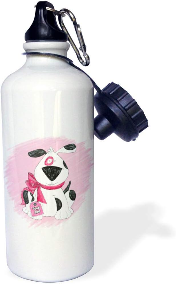 3dRose Good Girl Cute Dalmatian Puppy with Pink Ribbon in Crayon for Kids Water Bottle, White