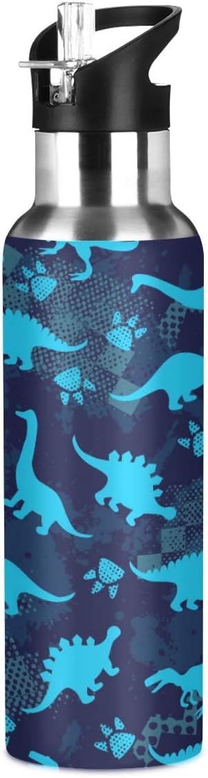 Blueangle Cute Dinosaurs Stainless Steel Water Bottle with Straw, BPA Free Reusable Leakproof Water Jug for Fitness Camping Outdoor Sports