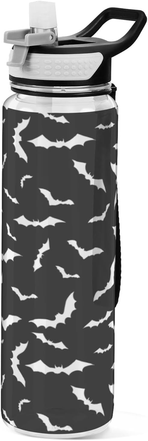 Bat Water Bottle with Straw Halloween Sports Bottles BPA-Free Tritan Water Jug with Carrying Strap for Women Men Gym