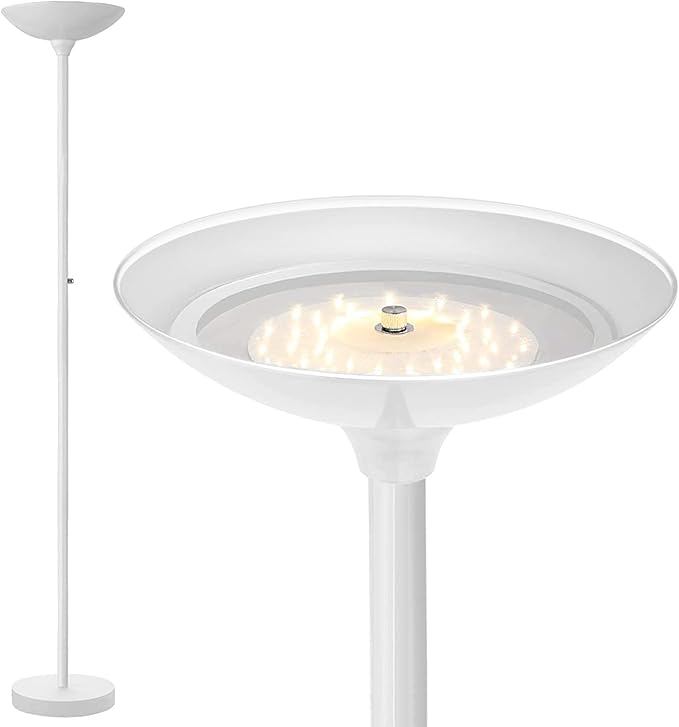 BoostArea Torchiere Floor Lamp, 30W Super Bright LED Standing Lamp, 3000K Stepless Dimmable Pole Lamp with Rotary Switch, 70 Inch Tall Metal Modern White Floor lamp for Living Room/Bedroom/Office/Den