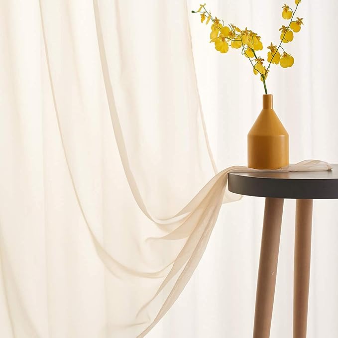Beige Sheer Curtains 95 Inches long Panels Rod Pocket 2 Panels Translucent Solid Color Voile Beige Drapes for Bedroom Living Room 2 Panels 52x95