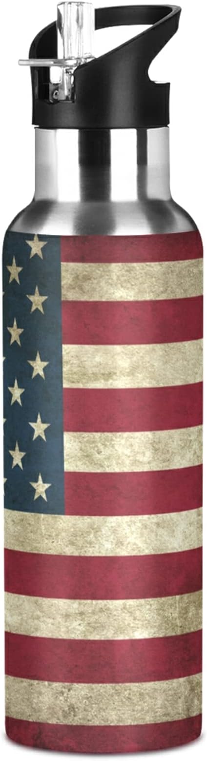 Blueangle 32oz Vintage American Flag Water Bottle, BPA Free Stainless Steel Water Bottle Leak-Proof Sports Bottle for Camping Workouts Gym and Outdoor Activity