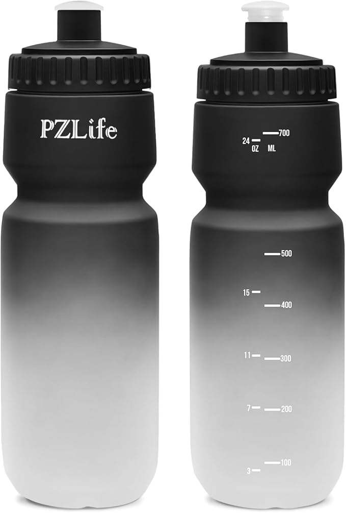 BPA Free Bike Water Bottles, 24 oz Cycling Squeeze Water Bottle - Easy Squeeze, w/Pull Top Lid, Leak Proof Sport Water Bottle with Capacity Scale, for Cycling, Gym