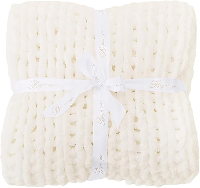 Bigacogo Chunky Knit Throw Blanket for Couch, 40x40 inches, 100% Hand Knitted with Thick Jumbo Chenille Yarn, Cozy Soft Large Rope Knot Cable Crochet Blankets for Sofa Bed Living Room, Ivory
