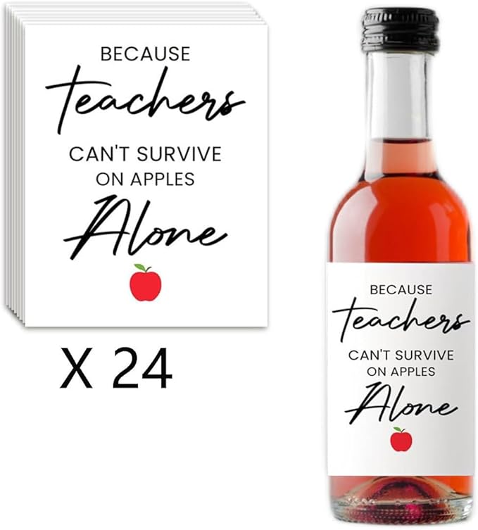24Pcs Teachers Wine Labels, Teachers Gifts for Teachers, Teacher Retirement Appreciation Farewell Birthday Gifts, Because Teachers Can't Survive On Apples Alone Mini Wine Bottle Stickers Labels