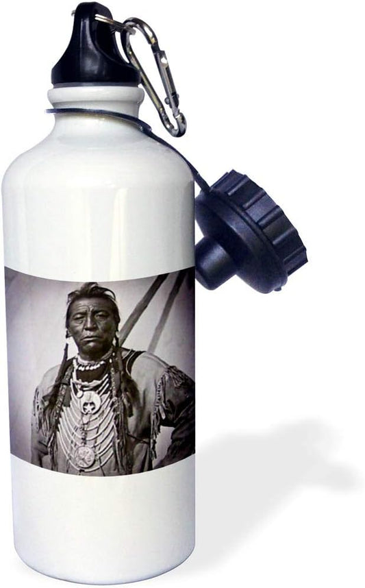 3dRose "Two Guns Calf Blackfoot Indian Chief Profile on Buffalo Nickel Grayscale" Sports Water Bottle, 21 oz, White