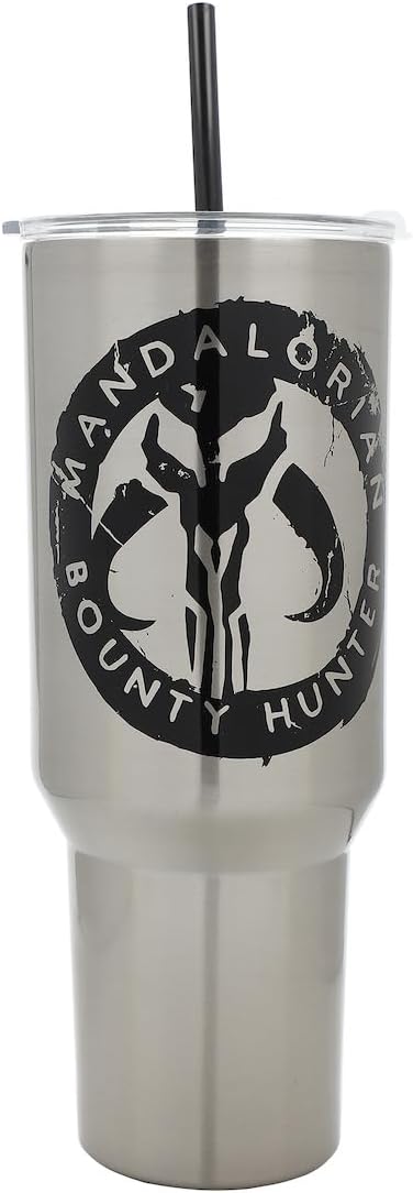 Bioworld Star Wars Mandalorian Mythosaur Skull Bounty Hunter Logo 40 Oz Silver Stainless Steel Tumbler