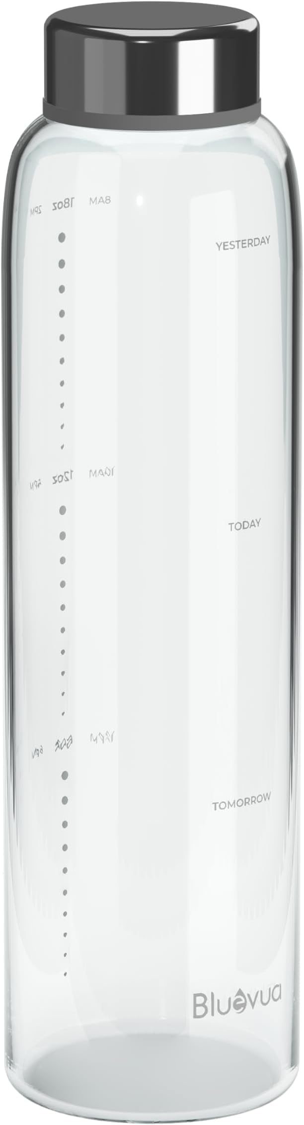 Bluevua Glass Water Bottle, 18 Oz High Borosilicate Glass with Time Marker, and Stainless Steel Leak Proof Lid, Compatible With RO100ROPOT-Travel Reverse Osmosis System