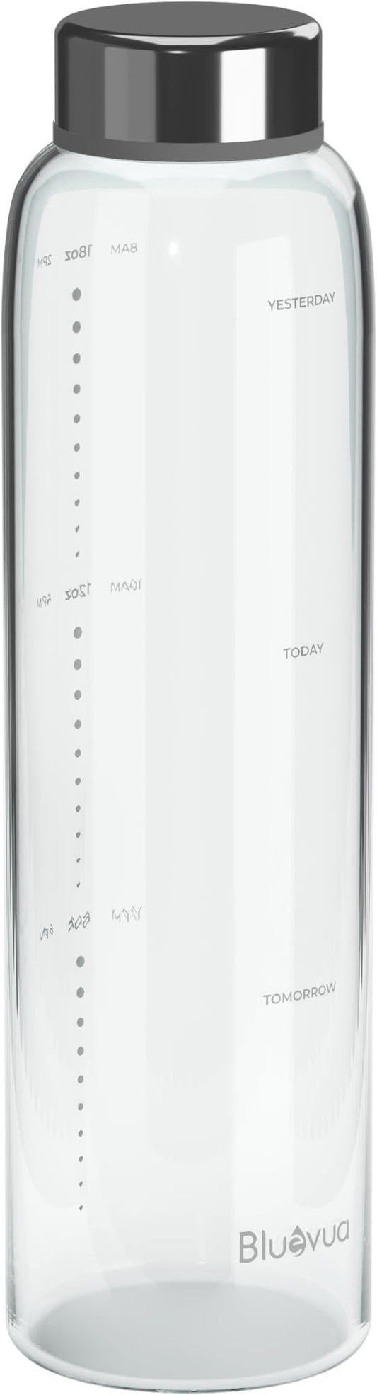 Bluevua Glass Water Bottle, 18 Oz High Borosilicate Glass with Time Marker, and Stainless Steel Leak Proof Lid, Compatible With RO100ROPOT-Travel Reverse Osmosis System