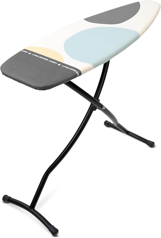 Brabantia Size D Ironing Board (53x18 in) Heat Resistant Parking Zone, Silver Frame, Non-Slip Feet, Suitable for Sit Down Ironing (Spring Bubbles)