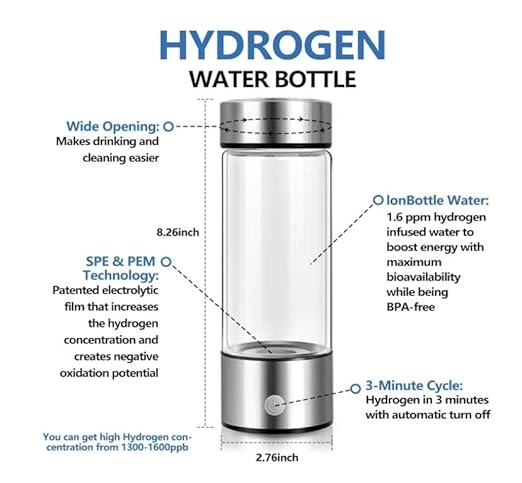 420-450 ml 2024 Glass Hydrogen Generator Water Bottle SPE PEM Technology Water Ionizer, Rechargeable Hydrogen Water Bottle, Hydrogen Rich Water Glass (Silver)