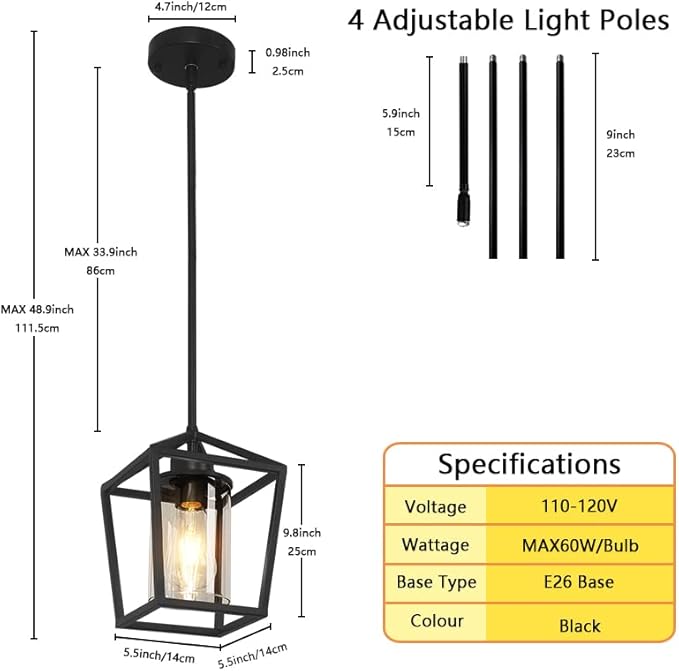 1 Pack Black Pendant Light Fixture Farmhouse Iron Cage Metal Pendant Light Lantern Hanging Light Fixtures with Clear Glass Shade for Kitchen Island, Dining Room, Hallway,Entryway1