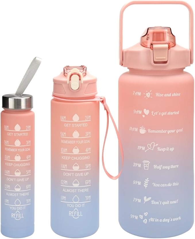3 in 1 Set Sport Motivational Gradient With Straw Time Marker 64 oz Gradient Color 3 in 1 Set Gym water bottle blue