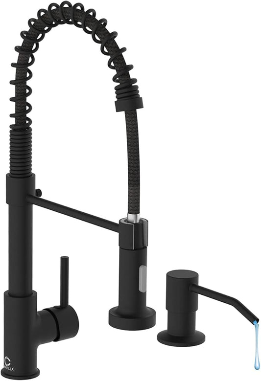 Black Kitchen Faucet, Kitchen Faucet with Soap Dispenser, Faucet for Kitchen Sink, Single Handle Stainless Steel Kitchen Sink Faucets with Pull Down Sprayer, Camper Farmhouse RV Sink Faucet