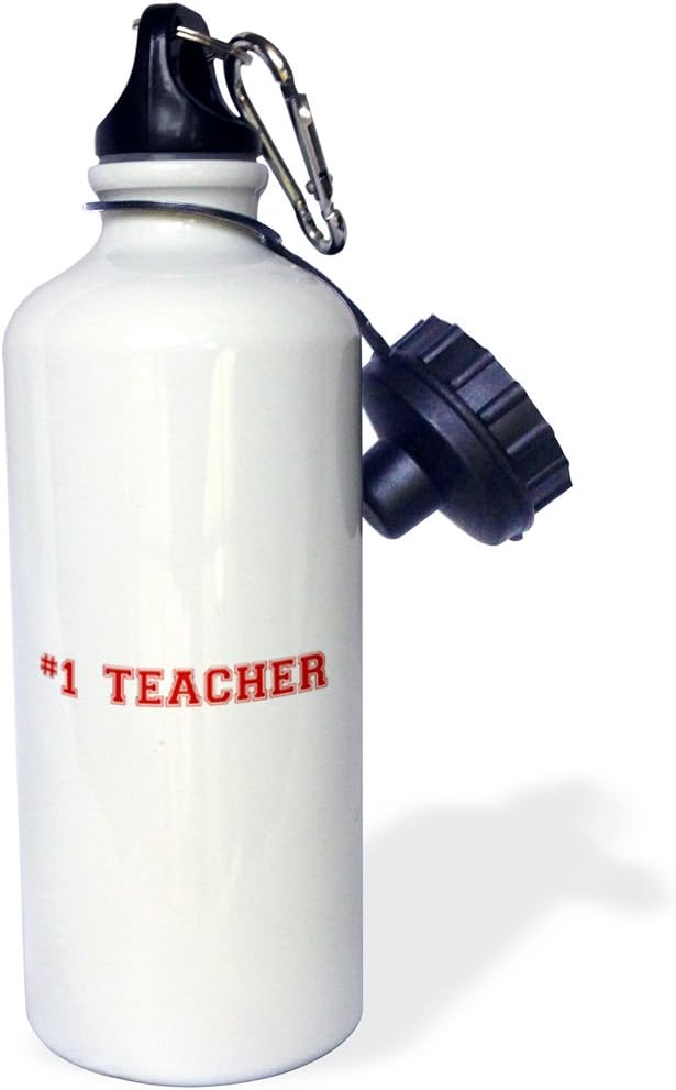 3dRose "#1 Teacher-Red text-Number One Teacher for worlds greatest and best school teachers" Sports Water Bottle, 21 oz, White