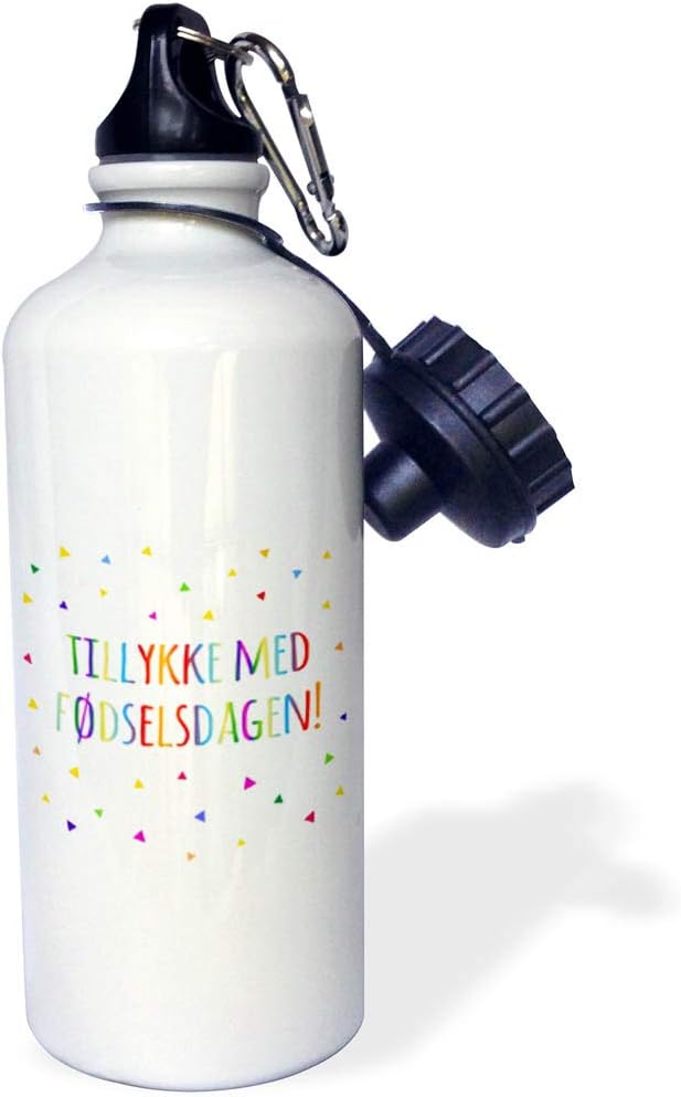 3dRose Tillykke med fodselsdagen-Happy Birthday in Danish. Colorful Denmark-Sports Water Bottle, 21oz , 21 oz, Multicolored