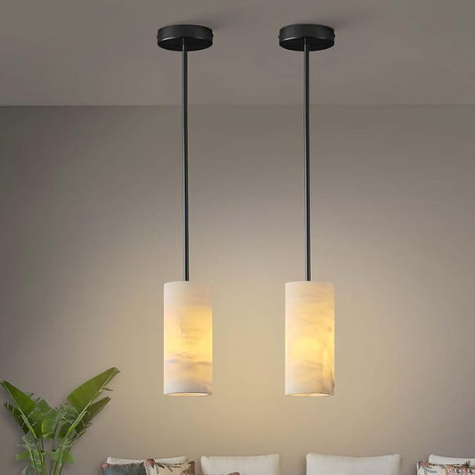 Alabaster Pendant Light Kitchen Island, H-9.5in Black Pendant Light Fixtures with Natural Marble Shade, Adjustable Ceiling Pendant for Dining Room, Living Room, Bedroom & Bathroom