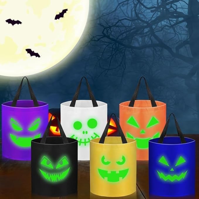 6 Pcs Halloween Glowing Trick or Treat Candy Bucket Halloween Multipurpose Basket Glowing Spooky Face Pumpkin Reusable Goody Bags for Halloween Supplies Favors