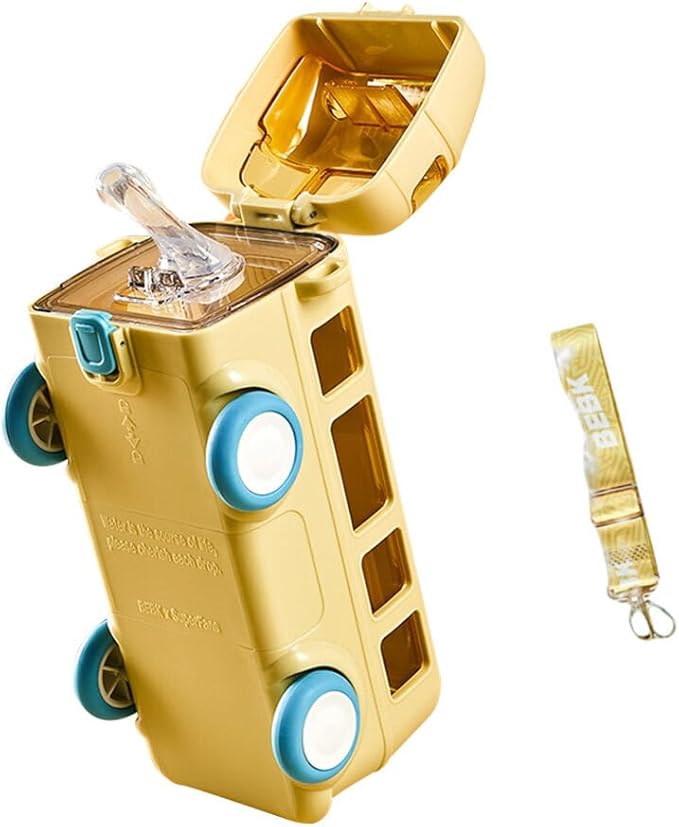 Bus Water Bottle Car Straw Water Cup 17oz Portable Bus Shaped Water Bottle with Strap Cute Drinking Jug with Wheels Leakproof for School, 0P030653O111, Yellow