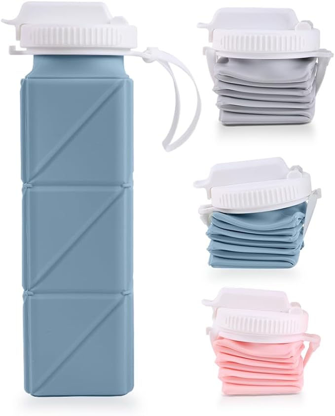 620ml Silicone Foldable Water Bottle with Straw Lid - Lightweight, Reusable, & Leakproof for Travel, Camping, Hiking, & Sports (BLUE)