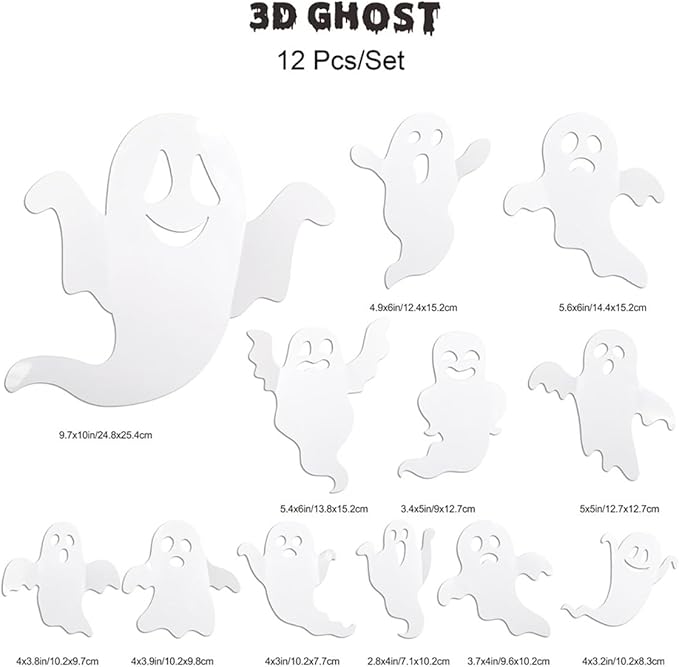 25Pcs Halloween Wall Decor 3D White Ghost Wall Decals Self-Adhesive Cute Halloween Decorations Black Bats Wall Stickers Gothic Designs Halloween Ghost Decorations for Window Home Party Decor Supplies