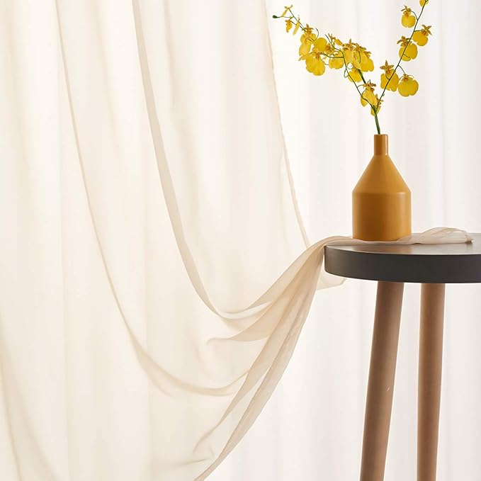 Beige Sheer Voile Curtains Translucent Solid Color Window Treatment 72 Inches long Panels Rod Pocket Beige Drapes for Bedroom Living Room 2 Panels 52x72