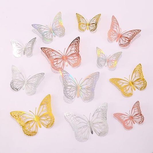 3D Butterfly Wall Decor 48 Pcs 4 Styles 4 Colors 3 Sizes,Gold Silver Laser Rose Butterfly Decorations for Butterfly Birthday Decorations Butterfly Party Decorations Cake Decorations,Removable Sticker