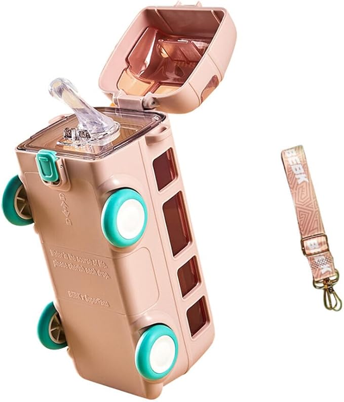 Bus Water Bottle Car Straw Water Cup 17oz Portable Bus Shaped Water Bottle with Strap Cute Drinking Jug with Wheels Leakproof for School, 8IZPNS11C351U00RL967TDBA, Pink